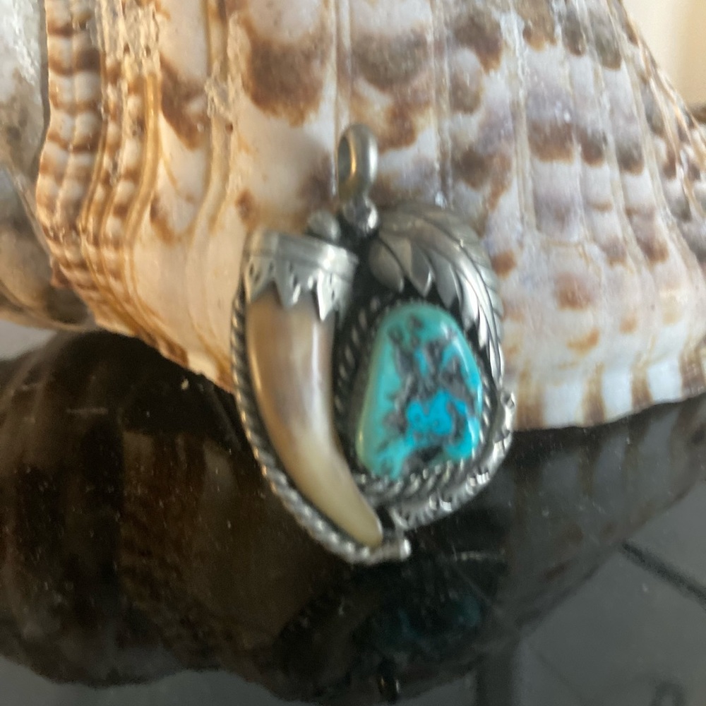 James Toadlena Navajo Turquoise Bear Claw Pendant